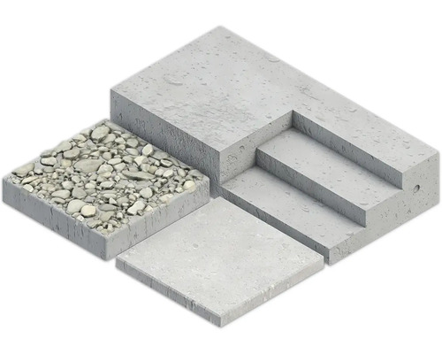 Detailní záběr zahradnických materiálů z betonu: chodníková deska, nášlapný kámen a blokový schod