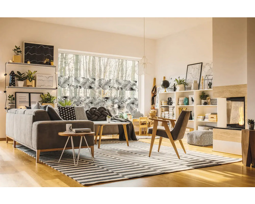 Obývací pokoj s pohovkou, policemi, oknem a pruhovaným kobercem