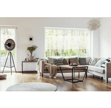 Obývací pokoj s pohovkou, polštáři, konferenčním stolkem, stojací lampou a oknem