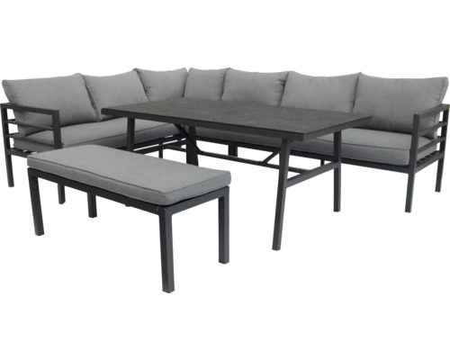 Šedá sedací souprava s rohovou pohovkou, lavicí a stolem pro venkovní použití