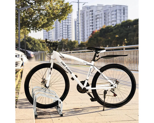 Bílé horské kolo se nosičem zavazadel a stojanem na kolo