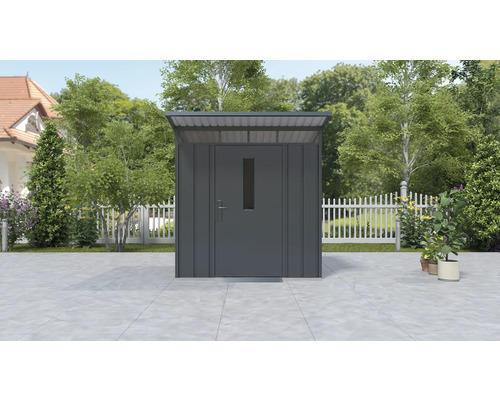 Kovová kůlna na nářadí se dveřmi a oknem do zahrady