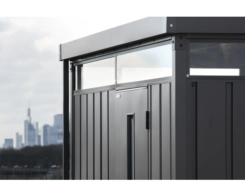 Detailní pohled na zahradní domek s dveřmi a okny