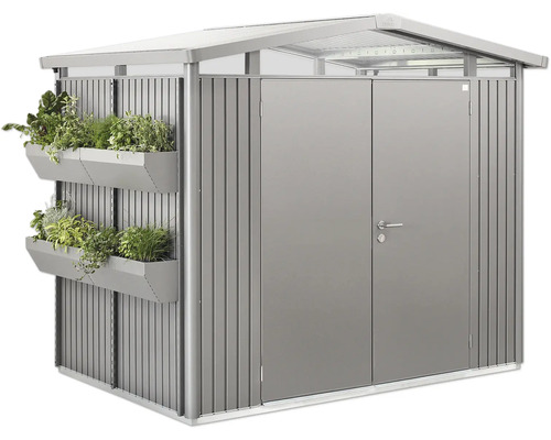 Kovová kůlna na nářadí s truhlíky na zahradu