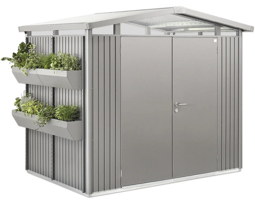 Kovový zahradní domek s truhlíky a dvoukřídlými dveřmi