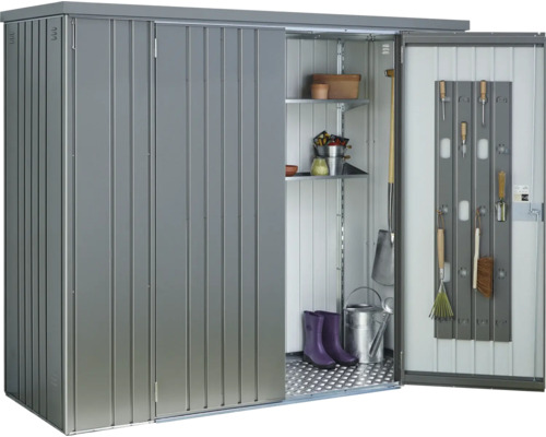 Kovová zahradní skříň s policemi a nářadím