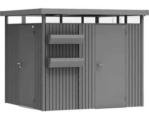 Kovový zahradní domek s dveřmi a policemi