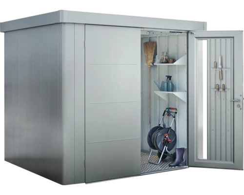 Zahradní skříň s posuvnými dveřmi, policemi a držákem na nářadí pro uložení zahradního nářadí