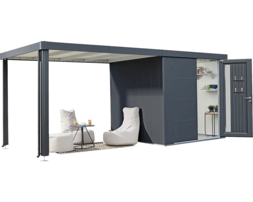 Moderní zahradní domek s otevřenou pavilonovou částí a úložným prostorem