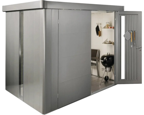 Kovový zahradní domek s posuvnými dveřmi a zahradním příslušenstvím