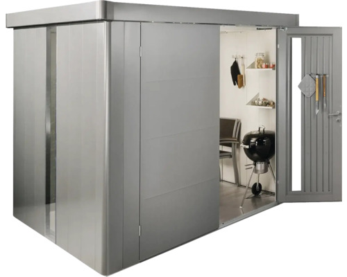 Kovová zahradní skříň s posuvnými dveřmi a otevřenými dveřmi s grilem a policemi