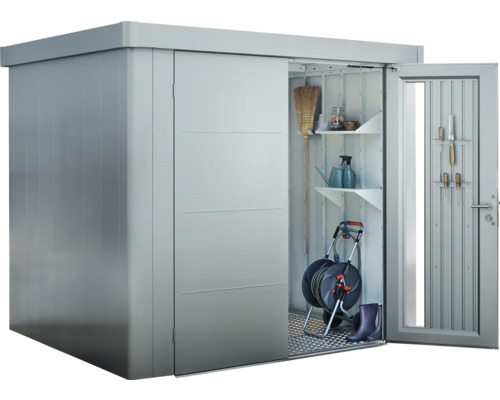 Kovový zahradní domek s posuvnými dveřmi a zahradním nářadím
