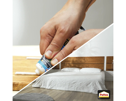 Aplikace montážního lepidla na dřevo a ložnice s dřevěnou postelí a bílým ložním prádlem