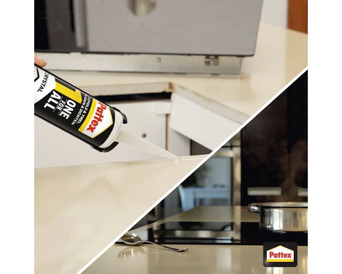 Aplikace transparentního montážního lepidla v kuchyni, logo Pattex
