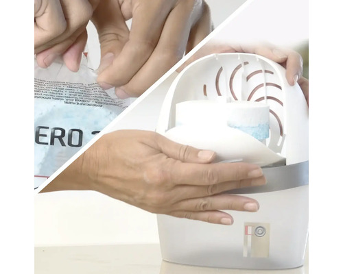 Pár rukou otevírá balení náhradních tablet do odvlhčovače vzduchu AERO 360 a vkládá tabletu do přístroje.