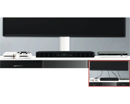 Moderní obývací pokoj s televizí, herní konzolí, zvukovým systémem a Blu-ray přehrávačem na stylové mediální skříňce.