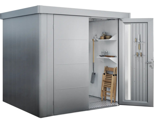 Kovová zahradní skříň s posuvnými dveřmi a policemi