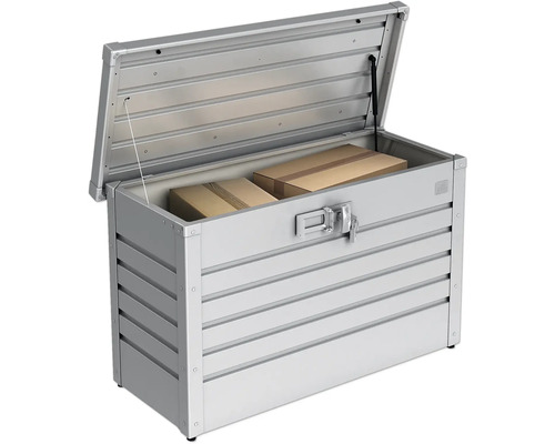 Otevřený kovový úložný box se dvěma kartonovými krabicemi uvnitř