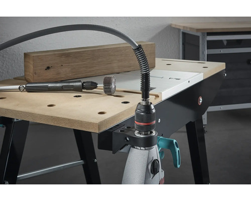 Flexibilní vrtací hřídel Wolfcraft na ponku s brusným nástrojem
