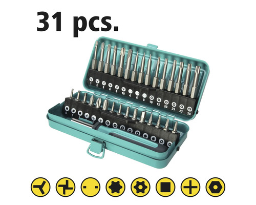 Sada 31 šroubovacích bitů v otevřené krabičce