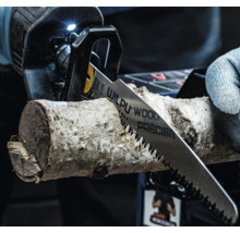 Detailní pohled na ocasku řežící kus dřeva.