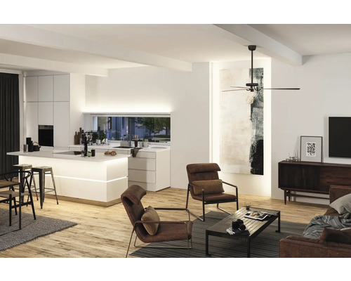 Obývací pokoj se stropním ventilátorem, posezením a kuchyňským koutem