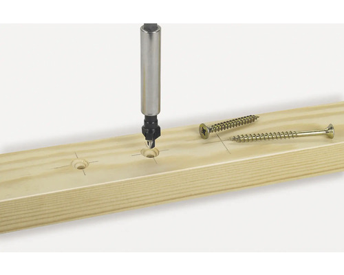 Dřevěná deska se zápustkovým vrtákem a vruty pro dřevěné konstrukce