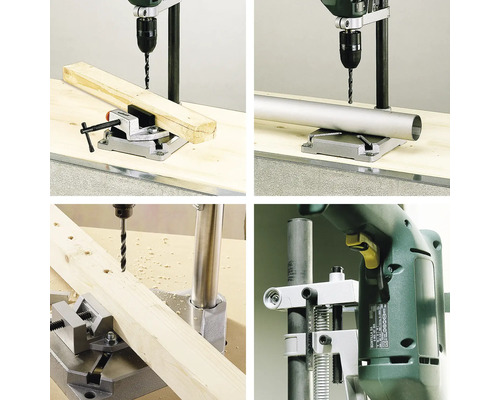 Různé pohledy na vrtačku se stojanem při práci se dřevem a kovem.