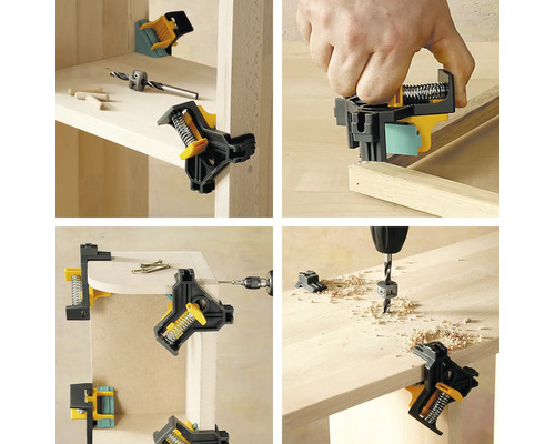 Vícenásobný pohled na rohové svorky používané k upevnění dřeva pro kutily