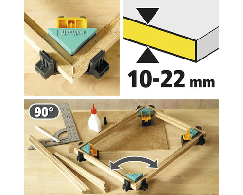 Obrobek s rohovými svorkami, úhel 90 stupňů a tloušťka materiálu 10 až 22 milimetrů