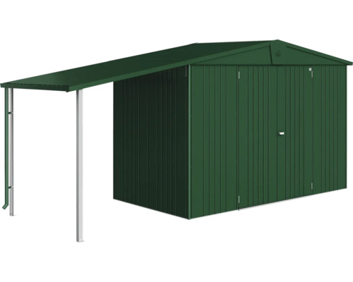 Zahradní domek na nářadí s přístřeškem pro další venkovní úložný prostor.