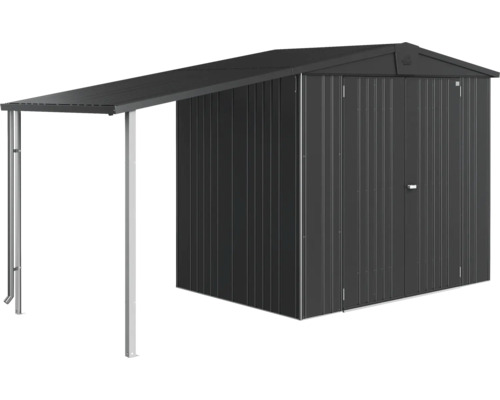 Kovový zahradní domek s markýzou na zahradní nářadí a nástroje