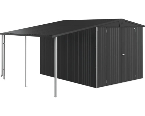 Kovový zahradní domek s přístřeškem pro uskladnění zahradního nářadí