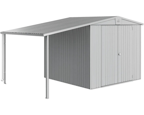 Kovový zahradní domek s přístavbou pro zahradní nářadí a nástroje