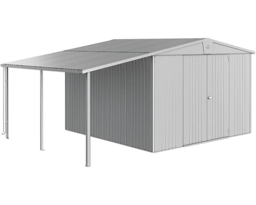 Kovový zahradní domek s markýzou na zahradní nářadí a nástroje