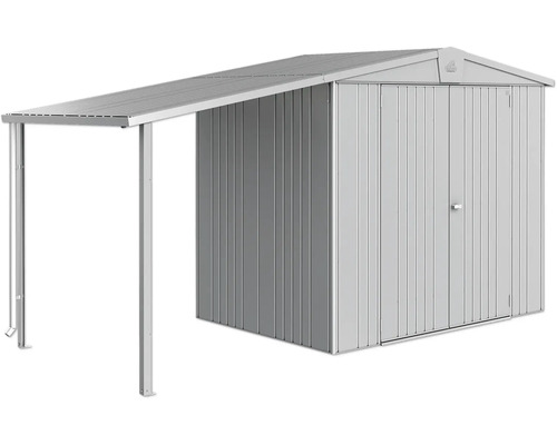 Kovový zahradní domek s markýzou na zahradní nářadí a nástroje