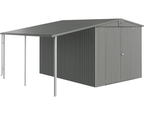 Kovový zahradní domek s přístřeškem pro další úložný prostor