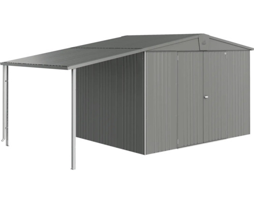 Kovový zahradní domek s markýzou na zahradní nářadí a nástroje