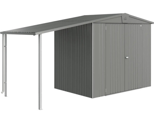 Kovový zahradní domek s přístřeškem na zahradní nářadí a pomůcky