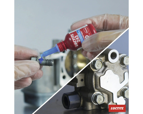 "Loctite zajišťovač závitů se nanáší na šroub, v pozadí stroj