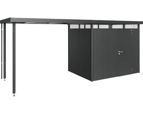 Kovový zahradní domek s přístavbou na zahradní nářadí a nástroje