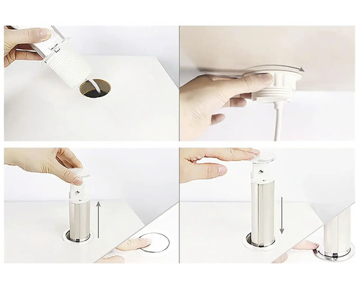 Ilustrace instalace zatahovací zásuvky do desky stolu