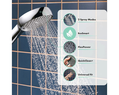 Sprchová hlavice se dvěma režimy proudu, EcoSmart, FlexPower, QuickClean Plus a funkcí Universal Fit
