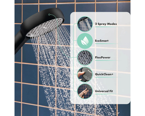 Sprchová hlavice s různými typy proudu a funkcemi, jako jsou EcoSmart a QuickClean
