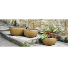 Tři kulaté květináče na kamenném schodišti, jeden z nich s rostlinou