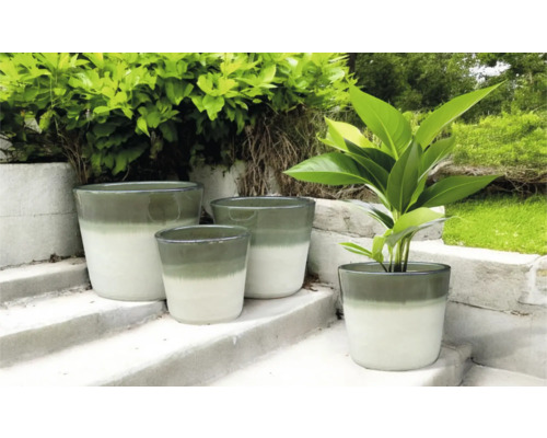 Květináče různých velikostí na schodech ve venkovním prostředí.