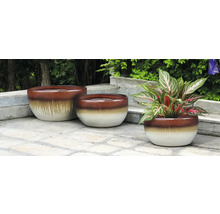 Tři keramické květináče na kamenné terase, jeden z nich s pokojovou rostlinou.