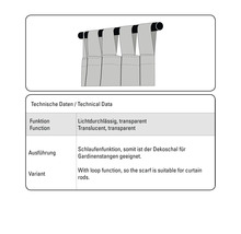 Technické údaje pro průsvitný dekorační šál s funkcí smyčky pro záclonové tyče.