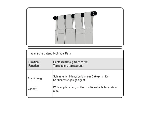 Technické údaje pro průsvitný dekorační šál s funkcí smyčky pro záclonové tyče.