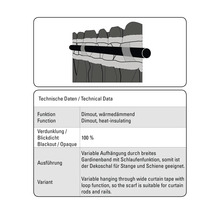 Technické údaje o zatemňovacích závěsech s tepelnou izolací a variabilním zavěšením.
